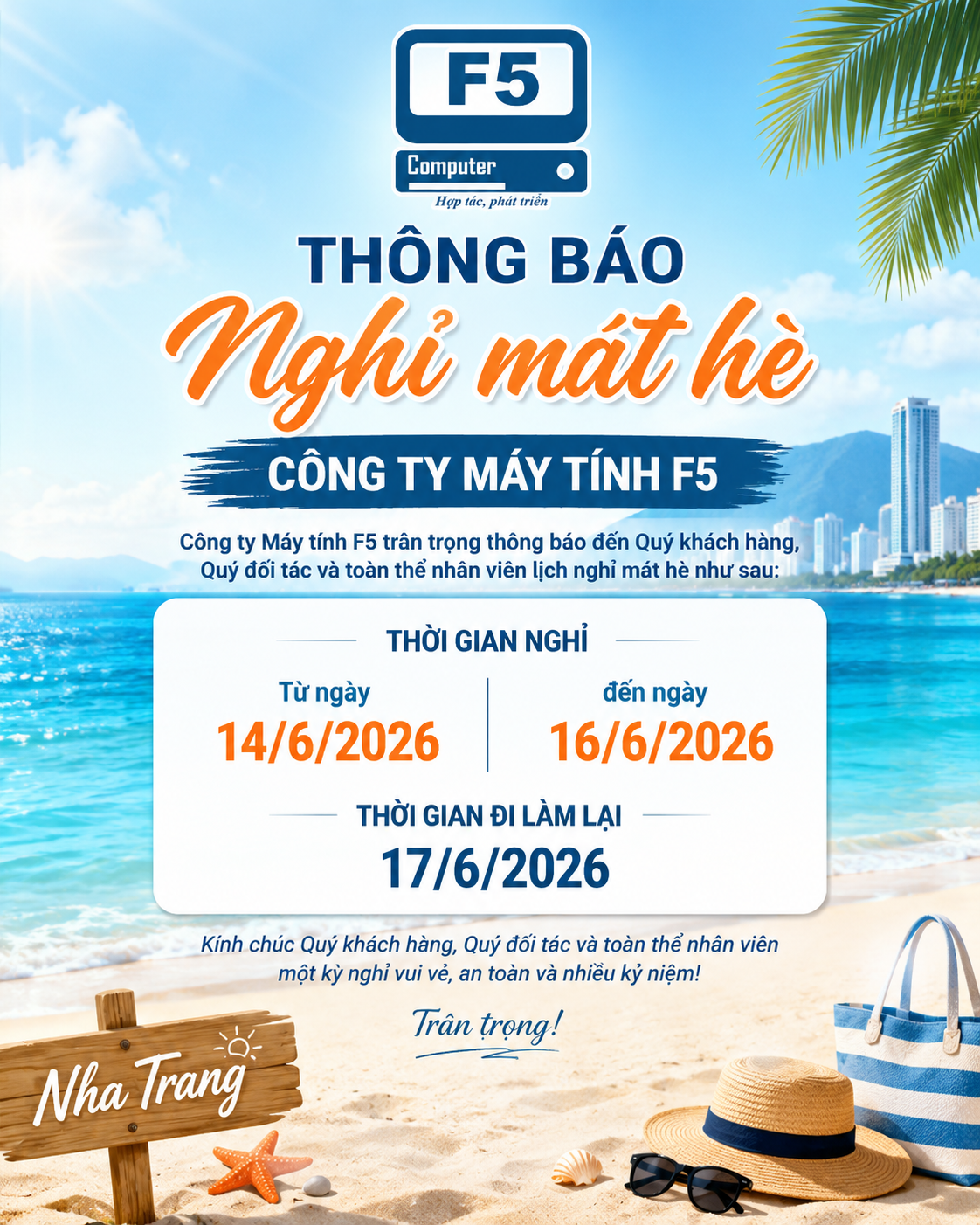 Thông báo lịch nghỉ mát hè 2026 - Công ty máy tính F5